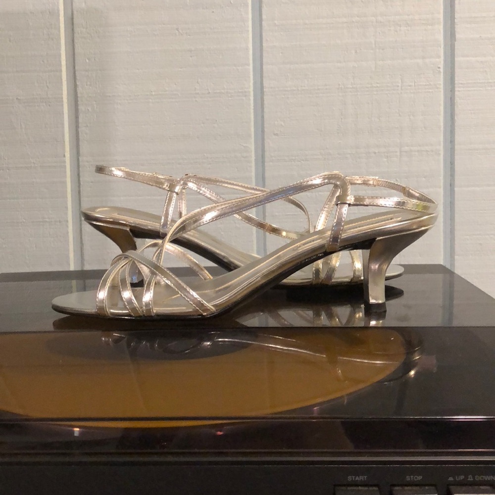 Silver strappy kitten heels
